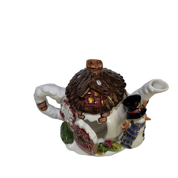 Christmas Dazzle Ceramic Teapot House Tea Light Candle Holder Snowman 9x6x5.5 - Picture 10 of 12